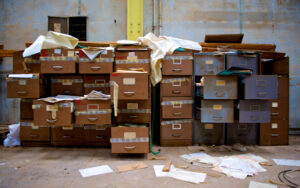 Filing Cabinets Mess Drawers open Paper all over the place